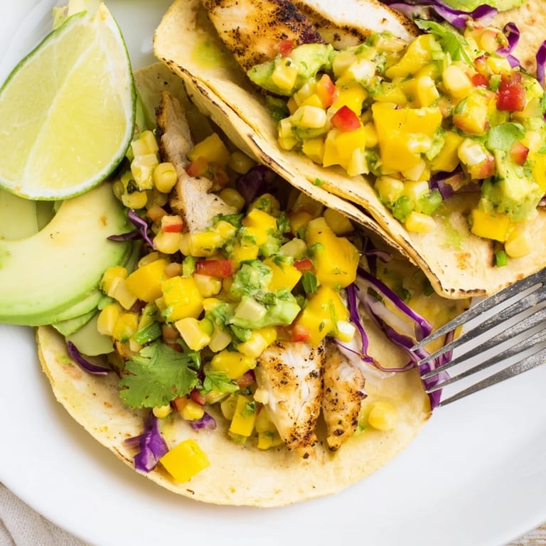 Delicious Mango Corn Salsa Chicken Tacos; juicy grilled chicken layered with fresh, sweet and spicy topping.