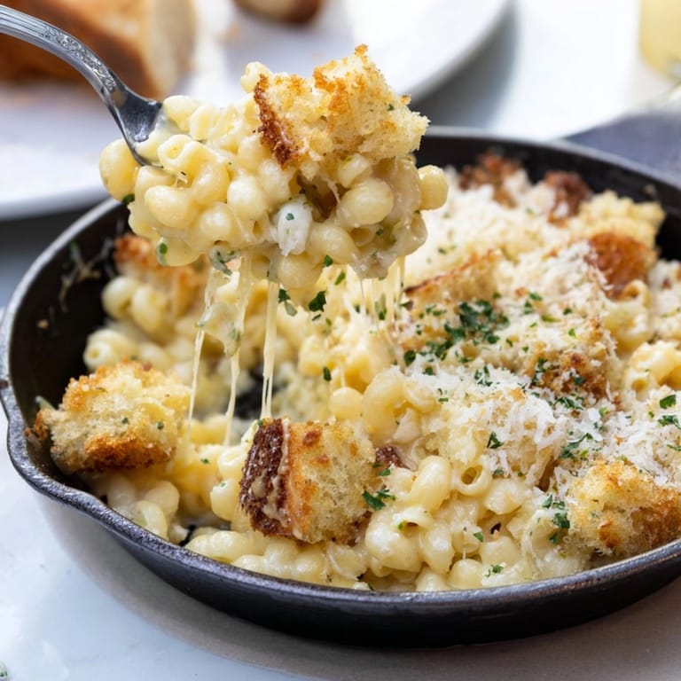 Homemade Mac and Cheese Sourdough Skillet: cheesy macaroni bubbling under browned, buttery sourdough.