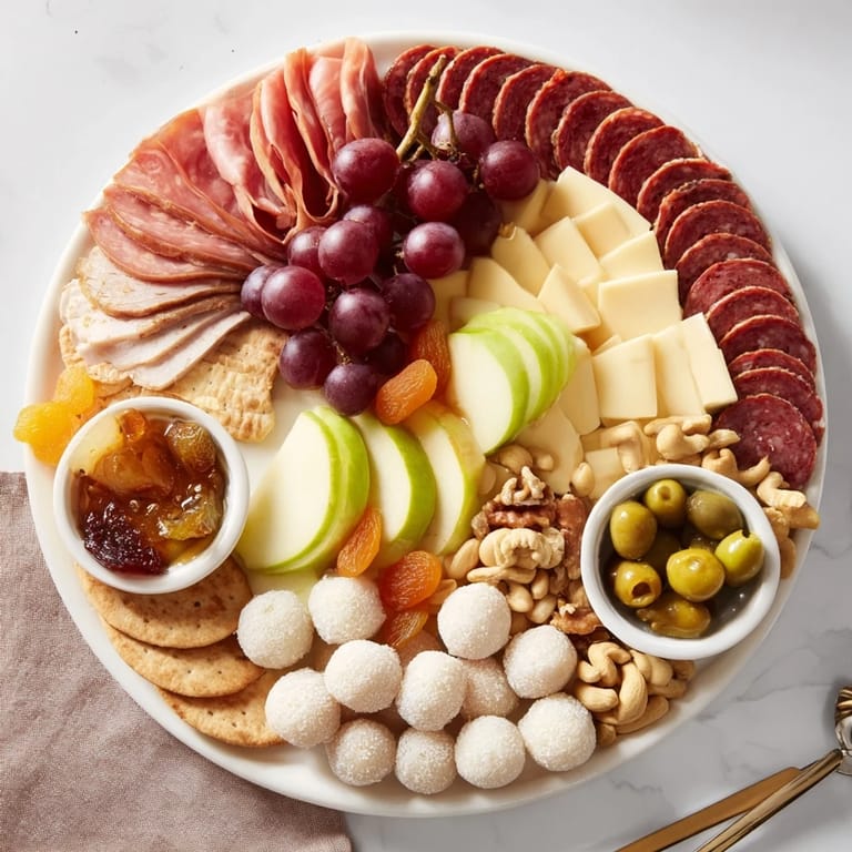 Colorful charcuterie board showcasing creamy cheeses and sweet mochi donut holes delightfully arranged.
