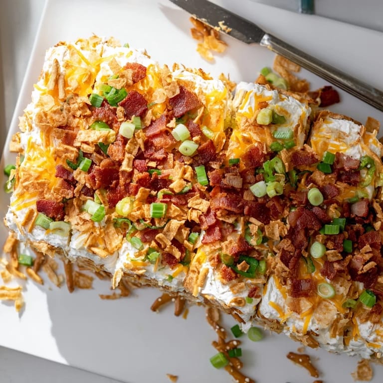 A savory Loaded Jalapeño Pretzel Sheet Cake with crunchy pretzels and spicy jalapeños awaits every party.  