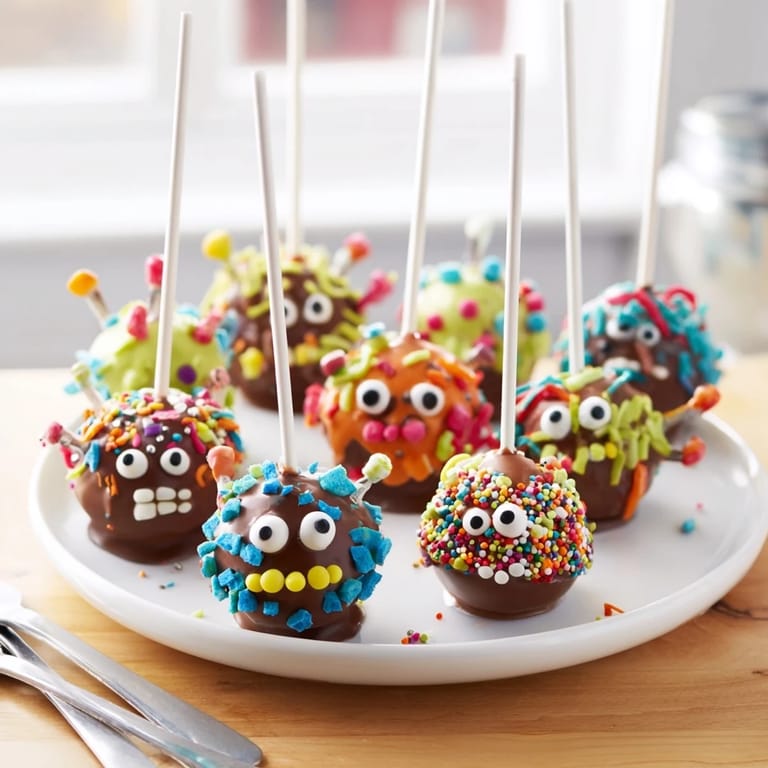 Delicious salted caramel monster cake pops, perfect for festive Halloween treats or parties.  