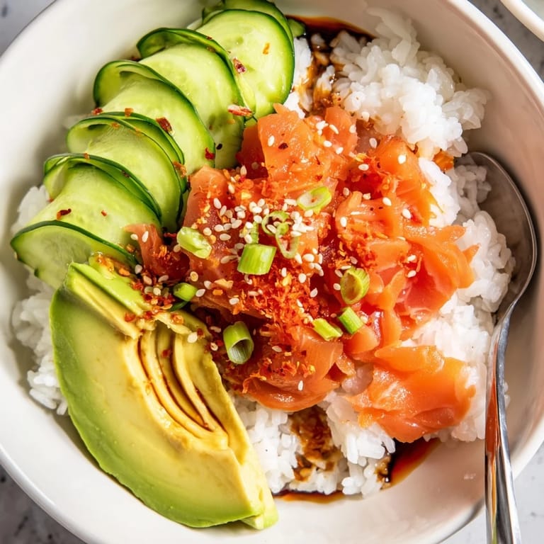 Quick microwave-steamed salmon and rice bowl, drizzled with soy sauce and sesame oil.  