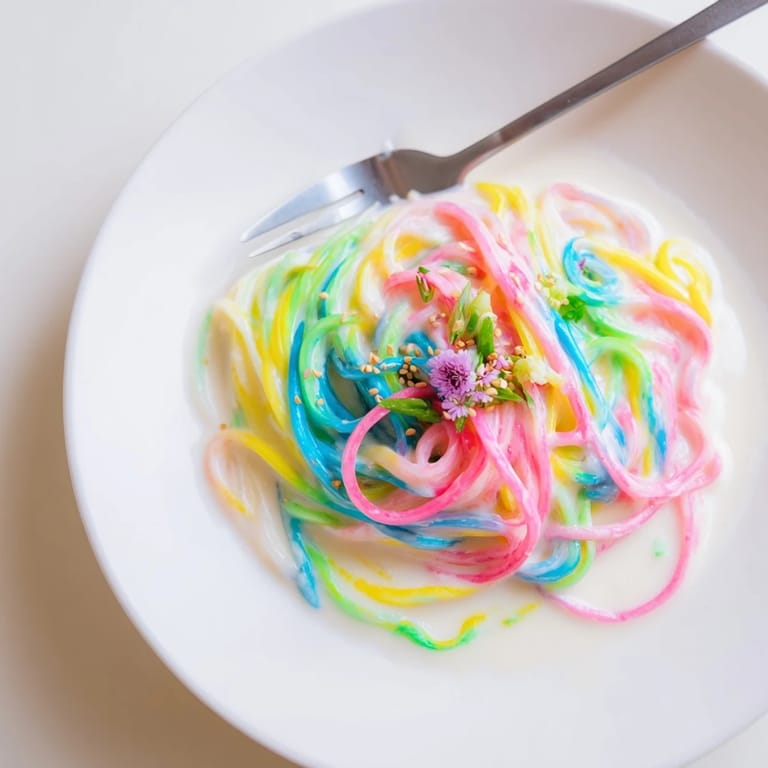 Delightful Neon Noodle Cloud, featuring vibrant noodles topped with fresh scallions and sesame seeds.