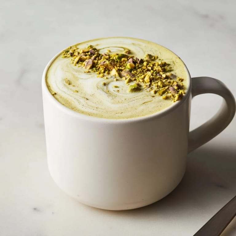 Warm pistachio milk latte garnished with pistachios, perfect for cozy mornings.