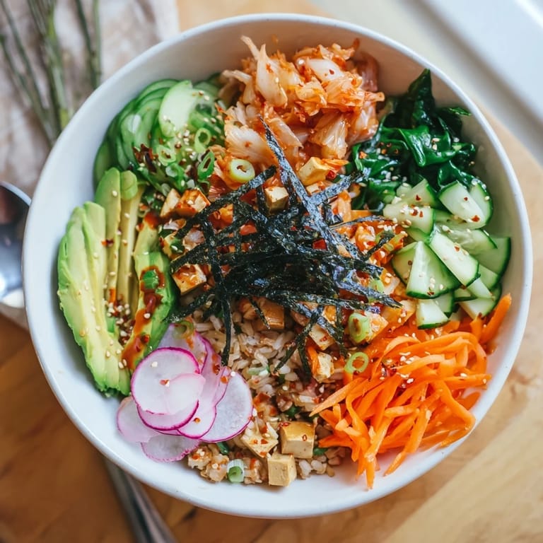 Nourishing fermented vegetable bowl filled with kimchi, colorful carrots, and creamy avocado slices.