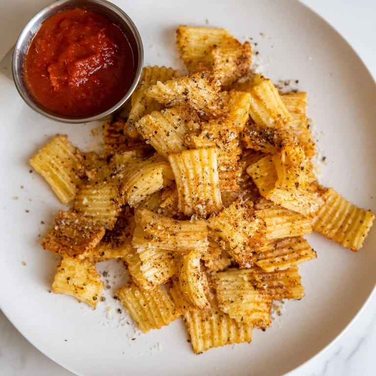 Flavorful seasoned pasta chips, lightly baked to crispy perfection for munching bliss.