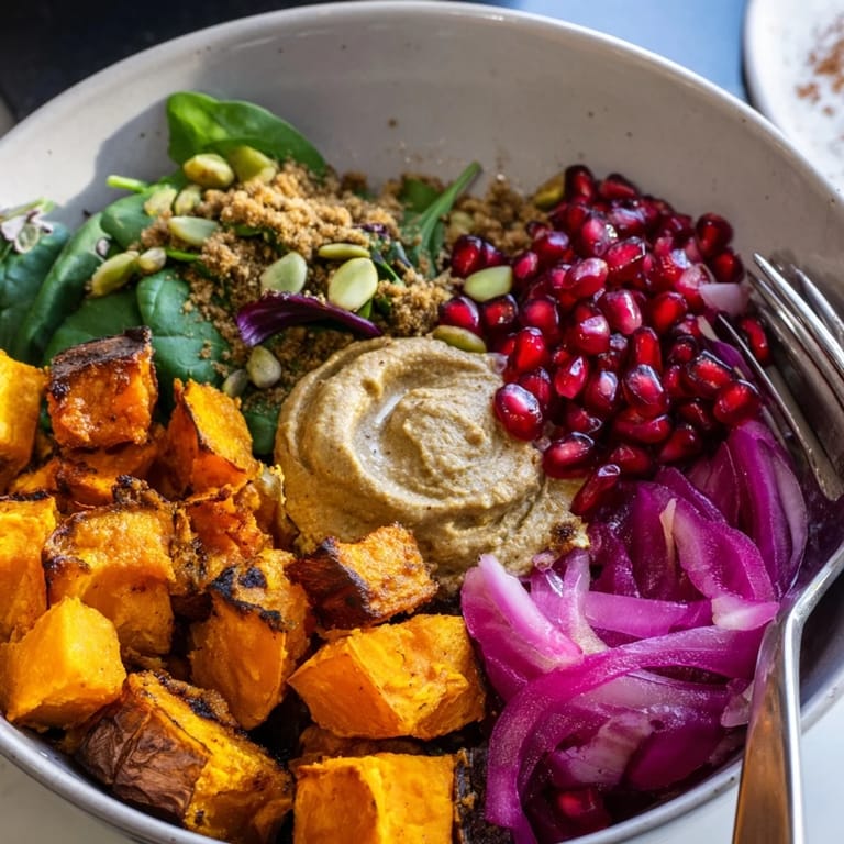 Hearty spiced winter bowls topped with pistachio-maple crumble and vibrant pomegranate seeds.  