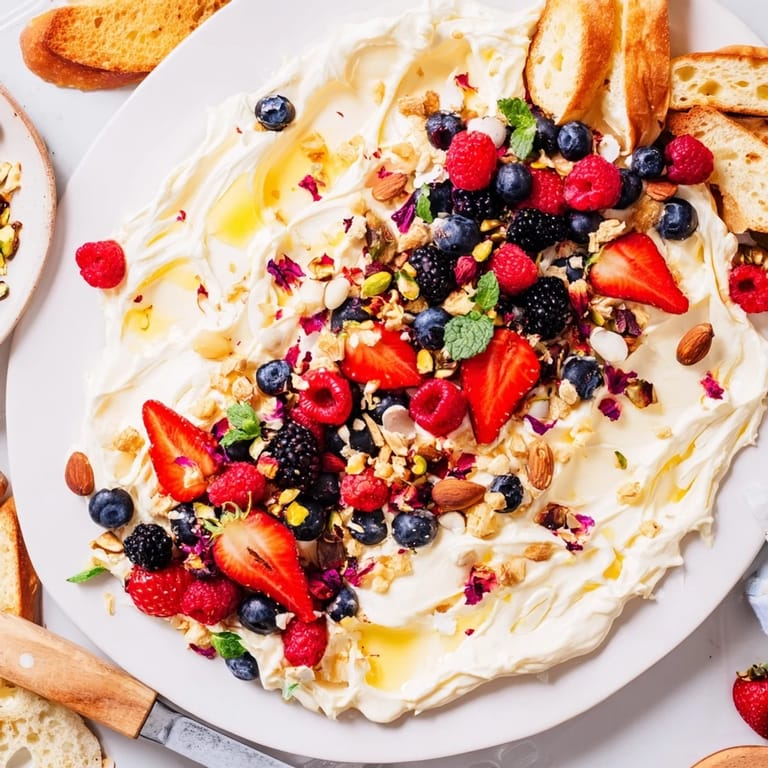 Artfully arranged butter board dessert with whipped cream cheese and sweet berry toppings.