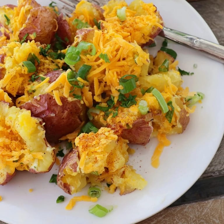 Golden brown smashed green onion potato bombs perfect for dipping or sharing.  