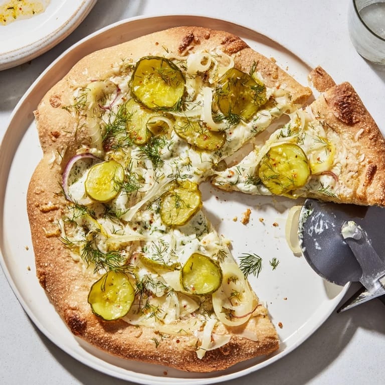 Delicious Pickle Pizza garnished with fresh dill and served hot from the oven.