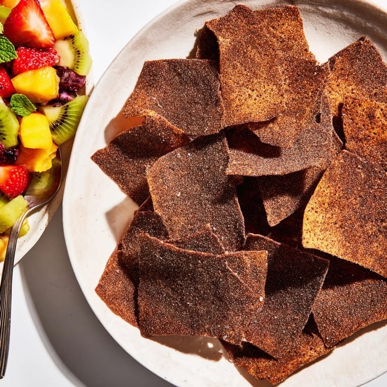Sweet chocolate tortilla chips paired with vibrant fruit salsa for a delightful dessert.