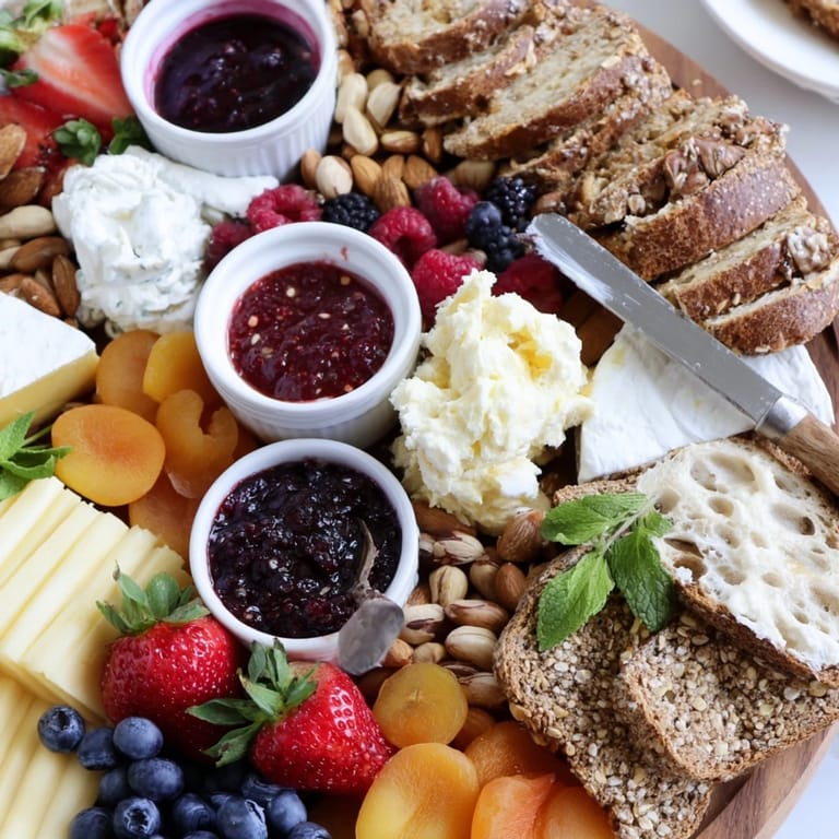 Brightly arranged jam-infused brunch board featuring artisanal breads and delicious spreads.  
