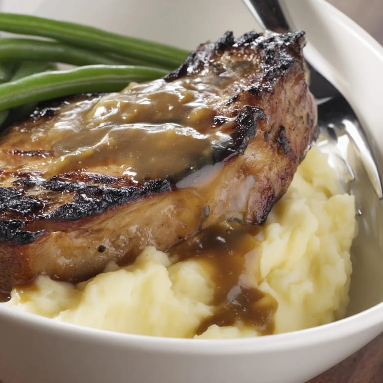 Delicious pork chops & cheddar mash bowl served with vibrant, sautéed green beans.  