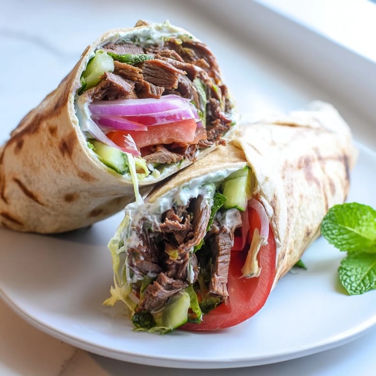 Warm flatbreads layered with spiced beef and zesty yogurt sauce, perfect for lunch.  