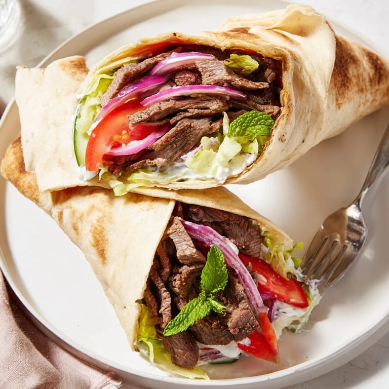 Savory beef shawarma wraps drizzled with tangy yogurt, bursting with fresh flavors.