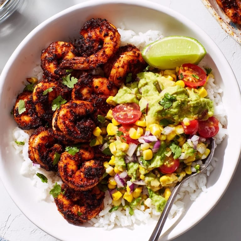Savory Blackened Shrimp Bowl bursting with flavor, served with lime wedges and cilantro.