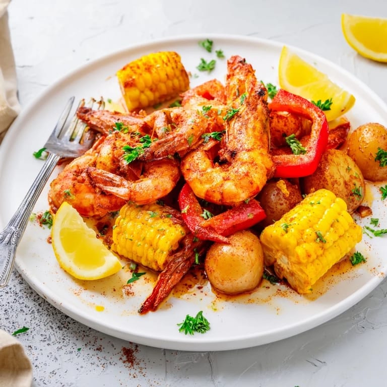 Festive Cajun shrimp & sweet corn platter with roasted potatoes for a delightful meal.