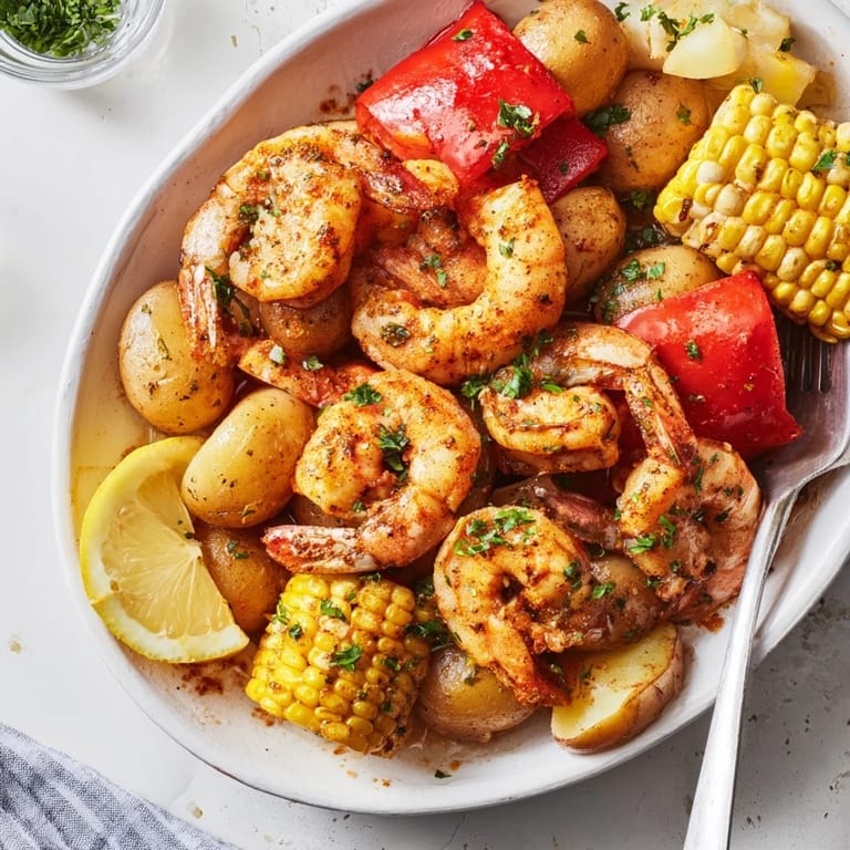 Flavorful Cajun shrimp & sweet corn platter garnished with fresh parsley and lemon.  