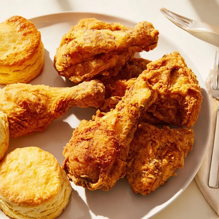 Golden brown fried chicken nestled beside buttery buttermilk biscuits, ideal for family feasts.  