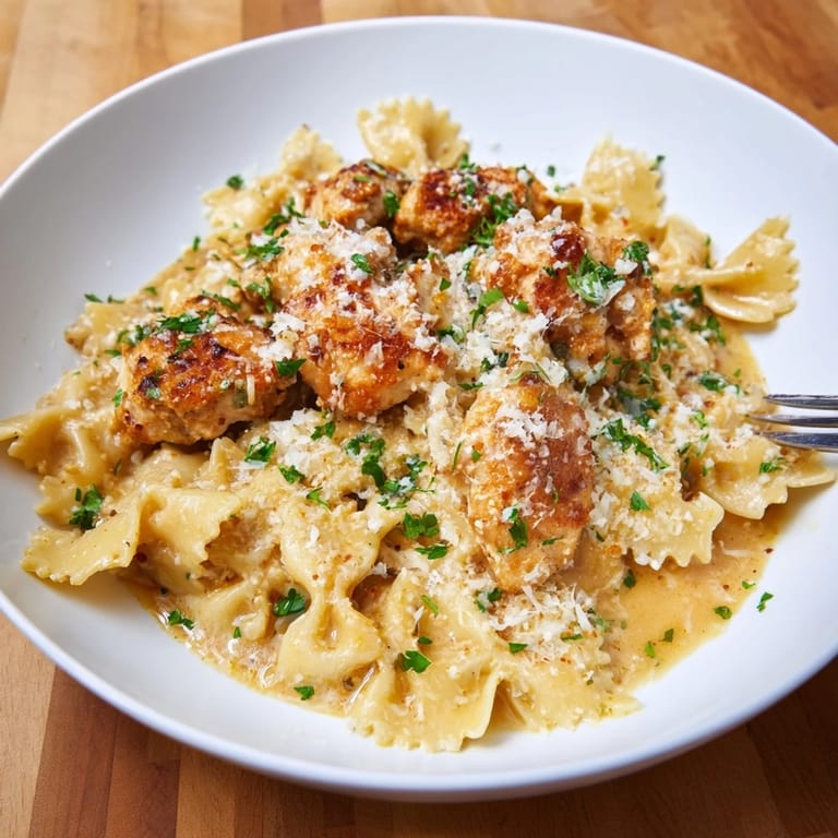 Comforting bowl of Mozzarella Garlic Butter Chicken Bowties, drizzled with fresh Parmesan cheese.