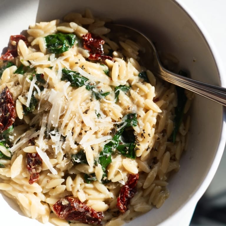 Savor this rich creamy Tuscan orzo bowl, perfect for a cozy vegetarian meal.