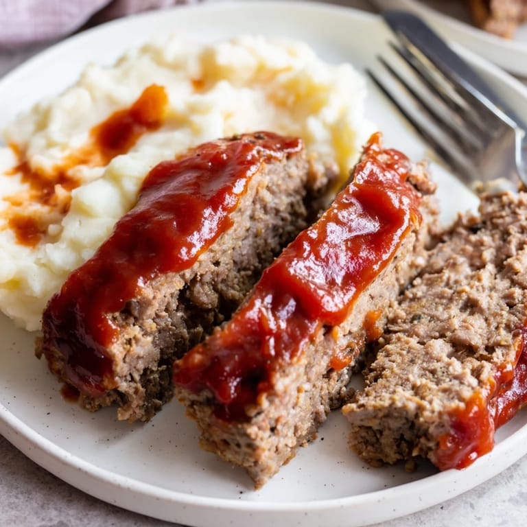 Sliced classic meatloaf with a tangy glaze, paired with fluffy mashed potatoes.