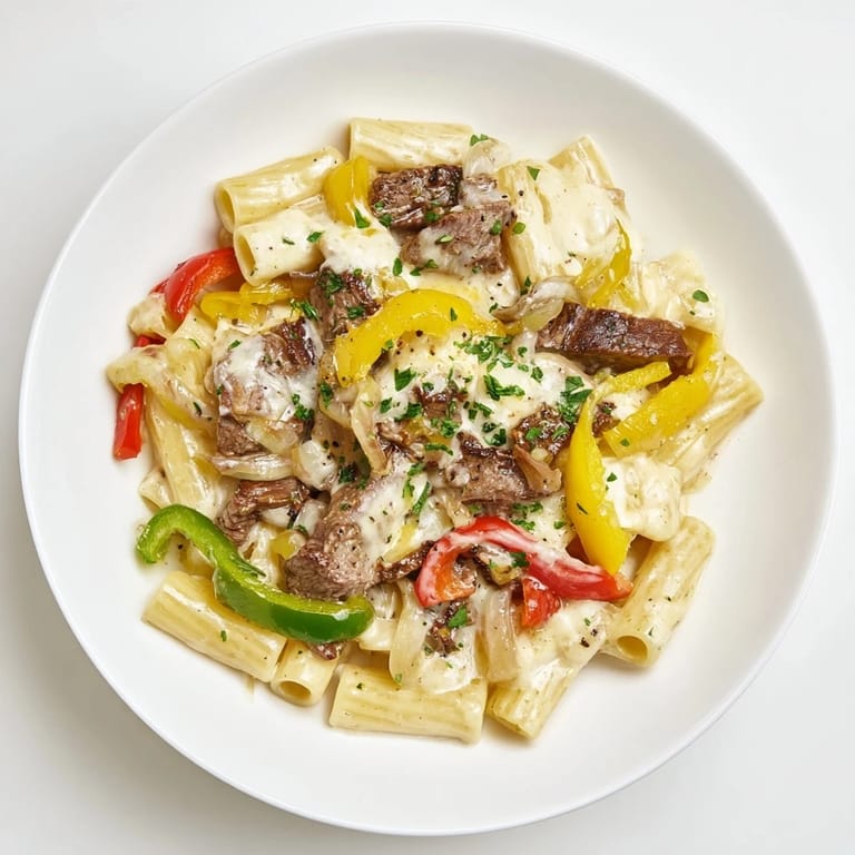 Creamy Philly Cheese Steak Pasta, loaded with tender steak and colorful sautéed vegetables, ready to serve.