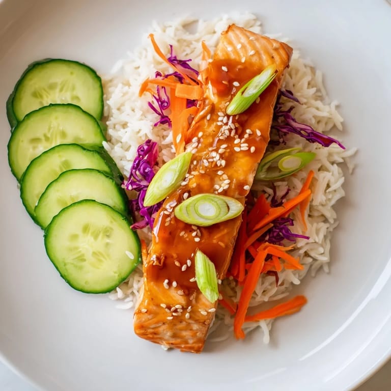 This Sweet Chili Salmon Rice Bowl features perfectly cooked salmon with a sweet and spicy glaze.