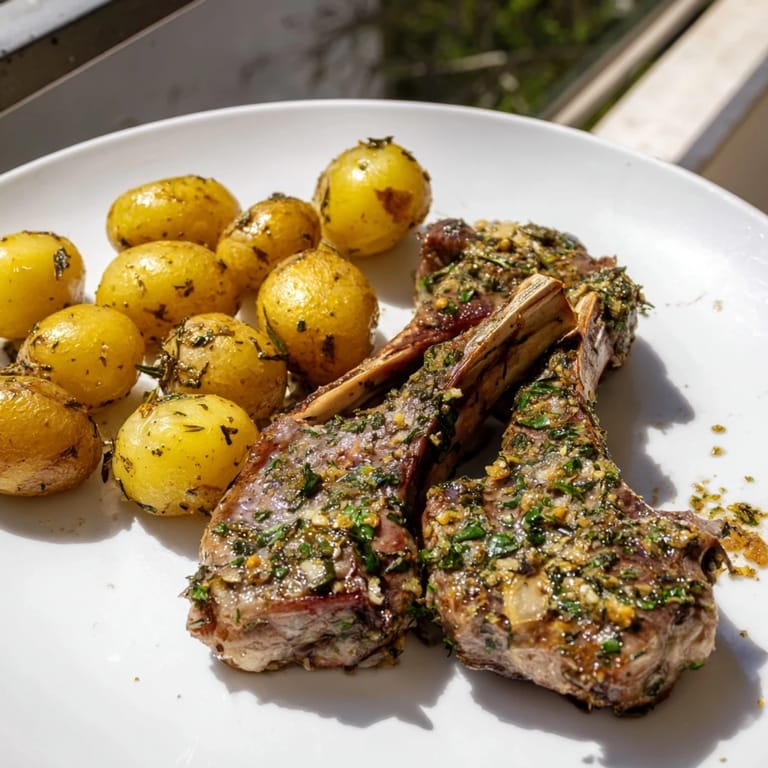 Close-up of flavorful herbed lamb chops and roasted potatoes, garnished with fresh parsley and lemon.
