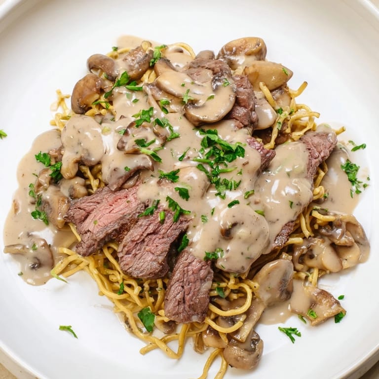 A steaming bowl of Creamy Mushroom Beef Stroganoff, featuring savory beef and mushrooms coated in a delicious sauce.