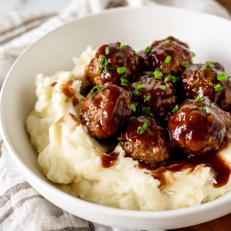 Smoky-glazed BBQ Meatballs atop fluffy mashed potatoes, inviting a satisfying, family-style dinner.