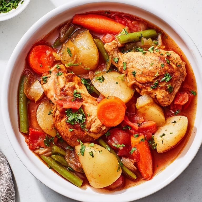 Hearty Slow-Cooker Chicken & Vegetable Stew, a comforting American classic, ready to serve with fresh parsley.