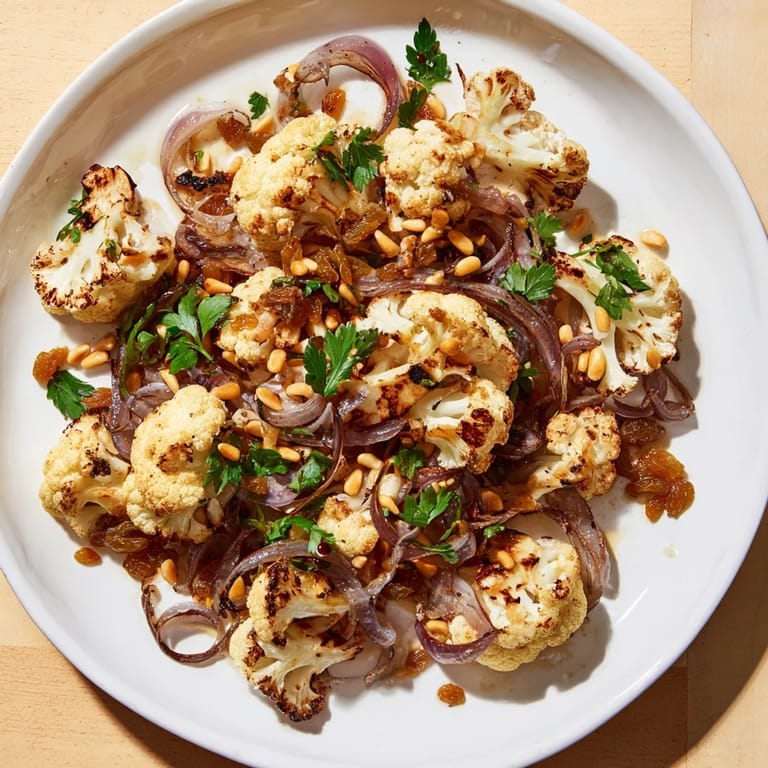 This Warm Roasted Cauliflower & Lemon Pine-Nut Dressing Salad shows vibrantly roasted cauliflower coated in zesty dressing.