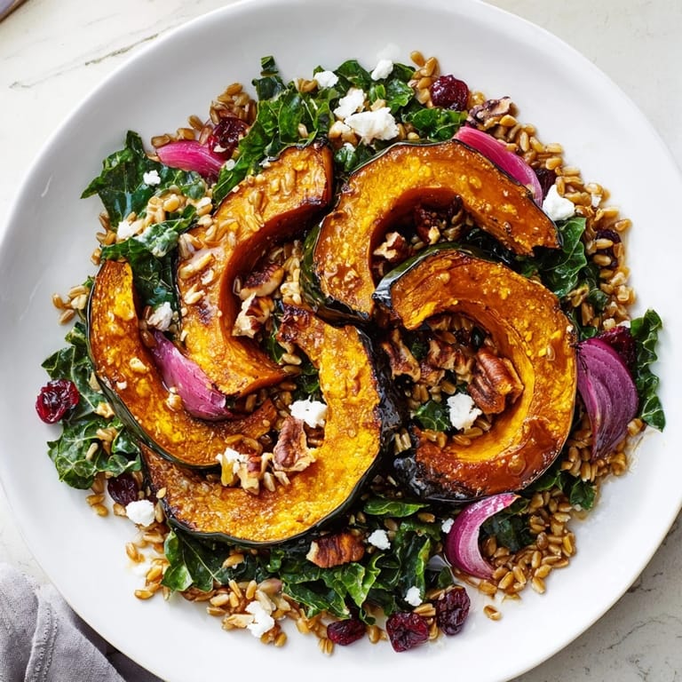 A colorful bowl of Farro & Mustard Green Salad holds tender farro, fresh greens, and pecans.