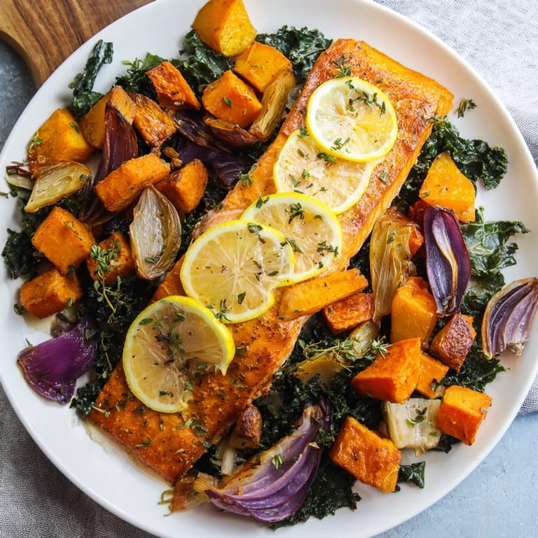 Golden-brown sheet-pan salmon with roasted root vegetables, glistening with olive oil and herbs.