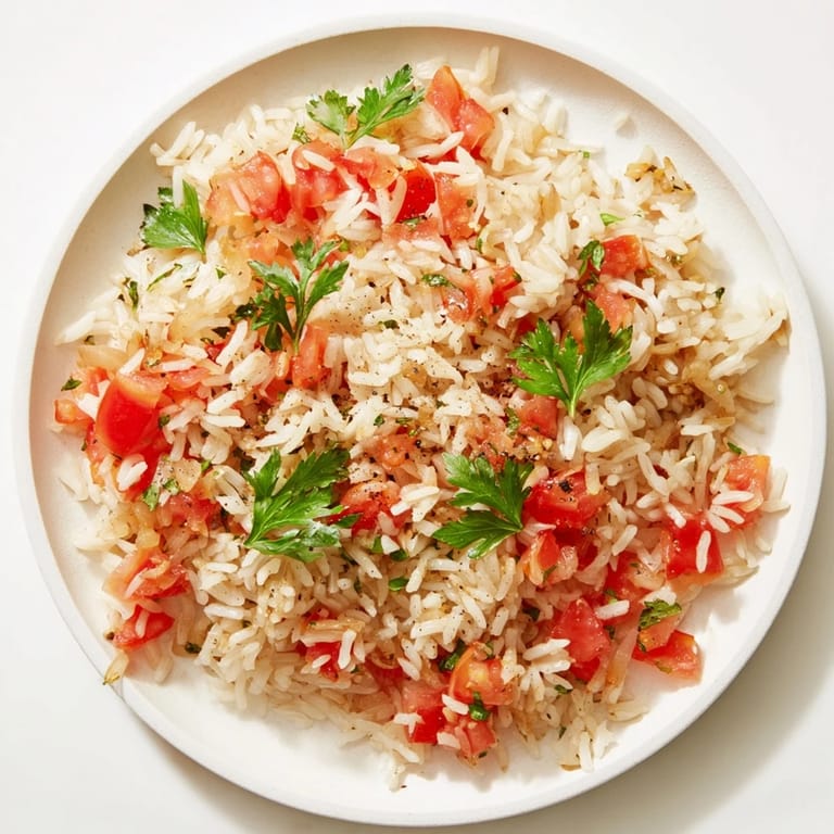 A close-up of a bubbling Tomato-Rice Skillet Dinner, showcasing tender rice and juicy tomatoes perfectly cooked.