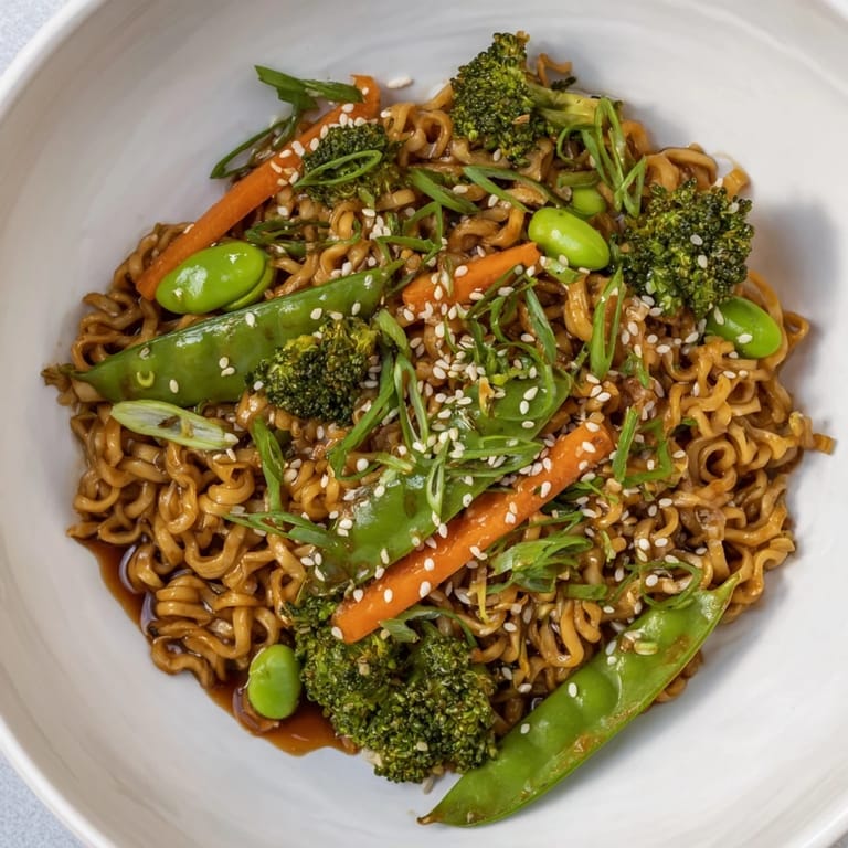 A delicious close-up of the easy ramen noodle stir-fry remix, ready to serve with fresh green onions.