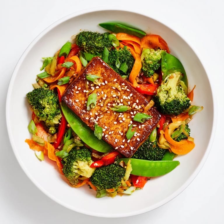Close-up of a plate with savory pressed tofu steaks, appealing vegetables, and a bed of rice.