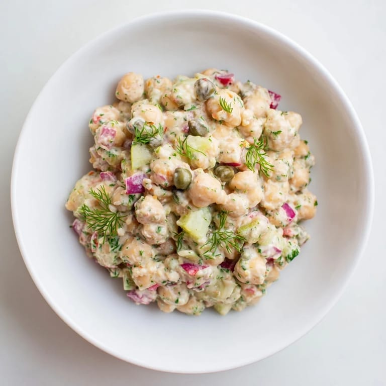 Close-up of freshly made chickpea tuna salad, showcasing chunky texture and vibrant ingredients.