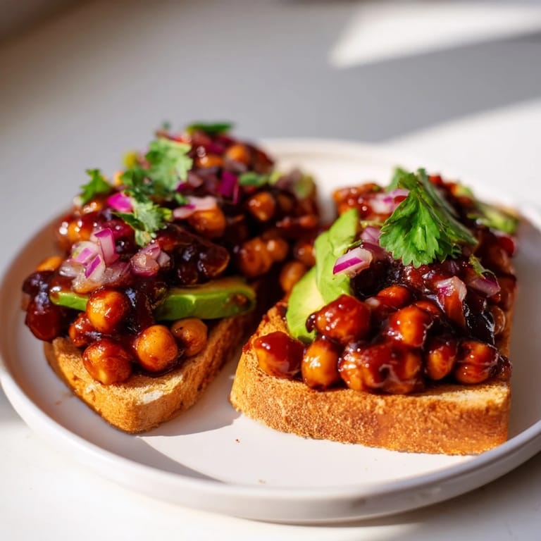 Toasted whole-grain bread topped with vibrant BBQ chickpeas, garnished with fresh cilantro, ready to eat.