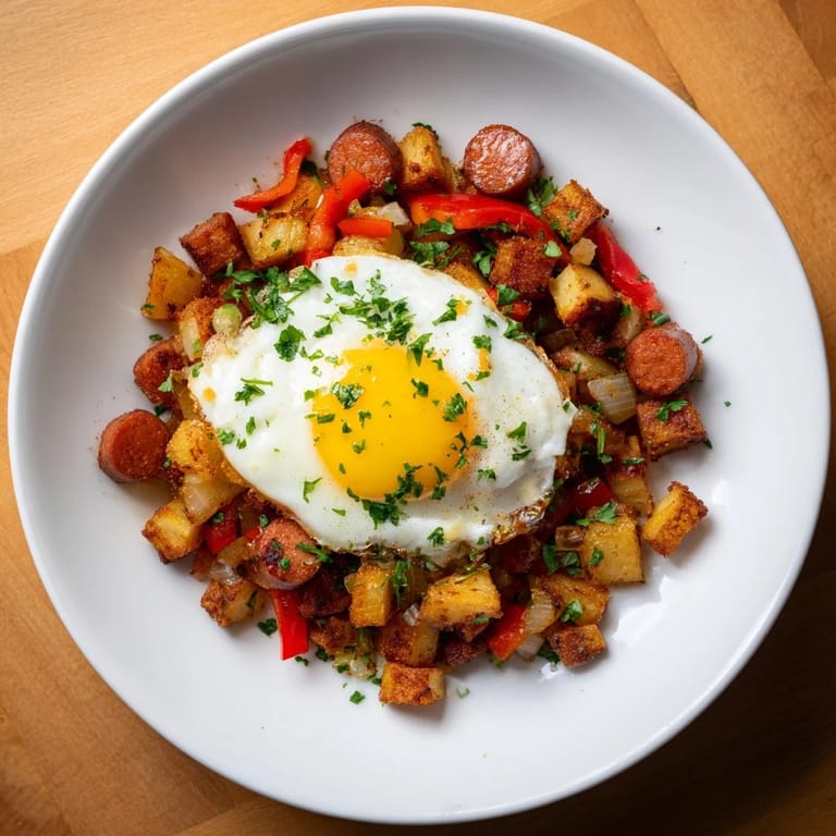 Hearty Egg & Potato Hash with Hot Dogs showcasing a delicious skillet meal with a runny egg yolk.