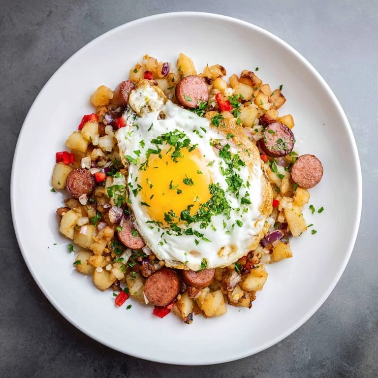 Sizzling pan of Egg & Potato Hash with Hot Dogs, featuring a colorful and flavorful breakfast dish.
