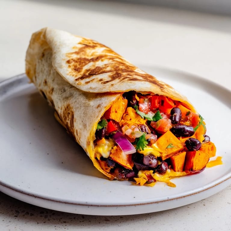 A close-up shot of a warm sweet potato & black bean breakfast burrito, promising savory flavors.