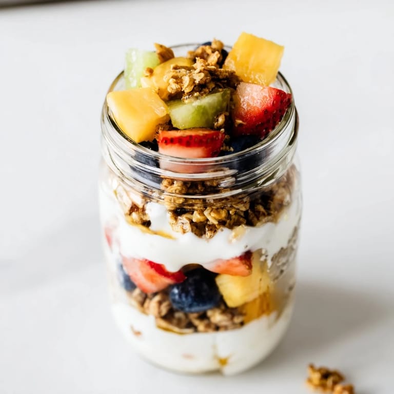 Fresh, colorful yogurt parfait with ripe peaches and crunchy granola ready to eat.