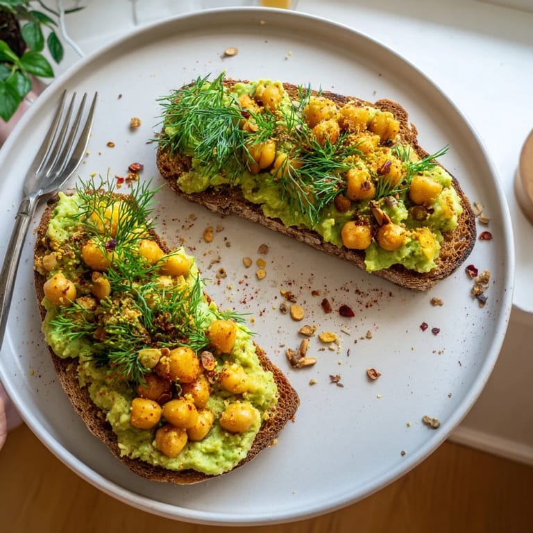 Freshly prepared avocado toast with chickpeas, herbs, and toasted seeds, ready to enjoy.