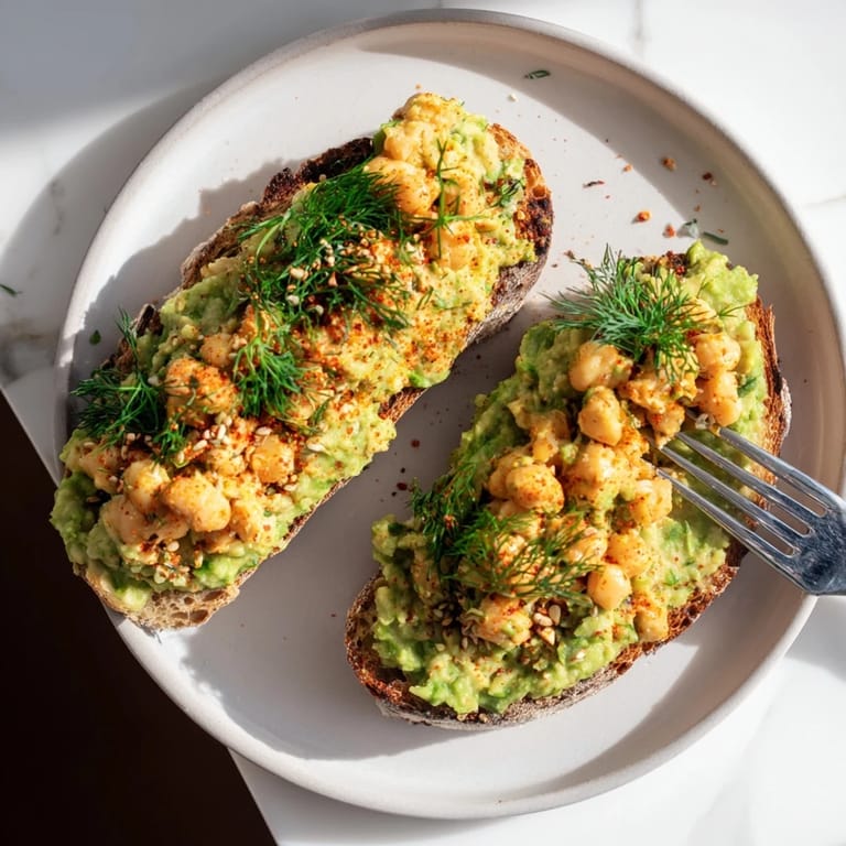 Close-up of a flavorful avocado toast; the chickpea topping adds a delightful, savory texture.