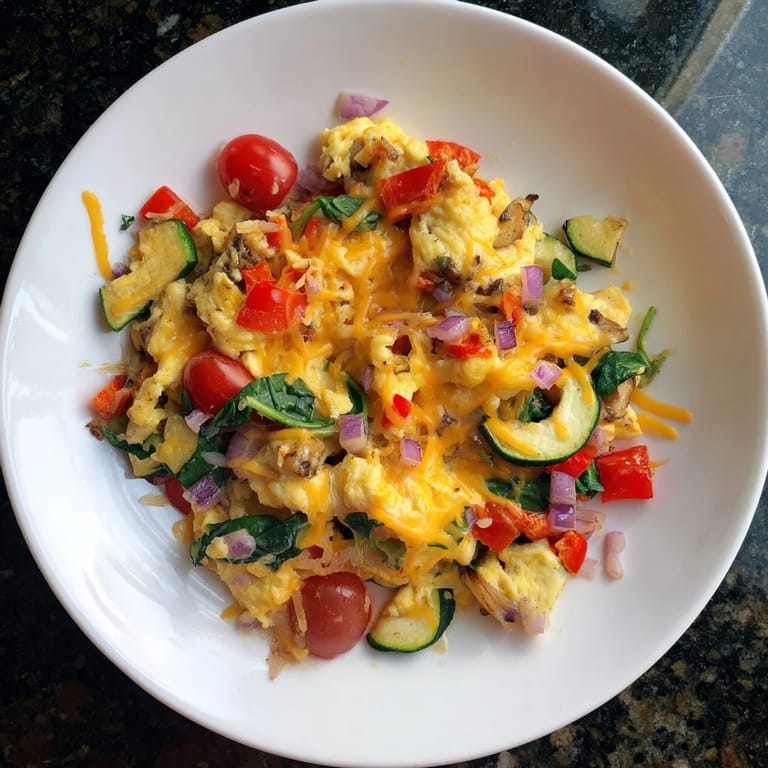 Close-up of fluffy Egg & Veggie Sheet Pan Scramble, showcasing the flavorful vegetable medley and savory eggs.