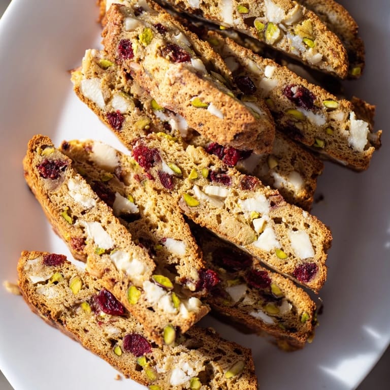 Golden brown biscotti, speckled with festive cranberries, pistachios, and dripping white chocolate drizzle.