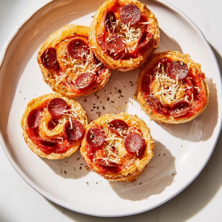 Freshly baked Mini Pepperoni Pizza Pinwheels, displaying a delightful, flaky pastry texture and beautiful color.