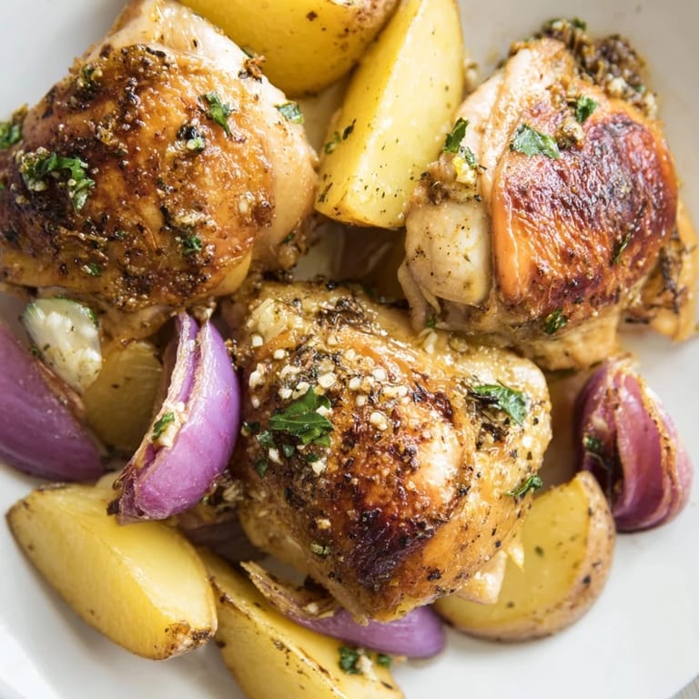 Juicy Greek Lemon Chicken and Potatoes featuring crispy chicken skin and tender, flavorful potatoes.